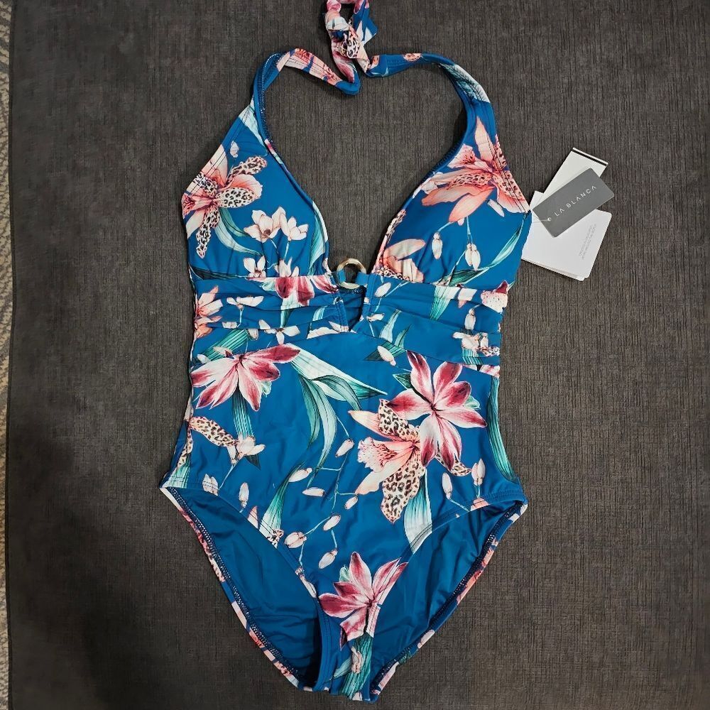 La Blanca women's Flyaway Orchid floral Plunge One-Piece Halter Swimsuit size 8